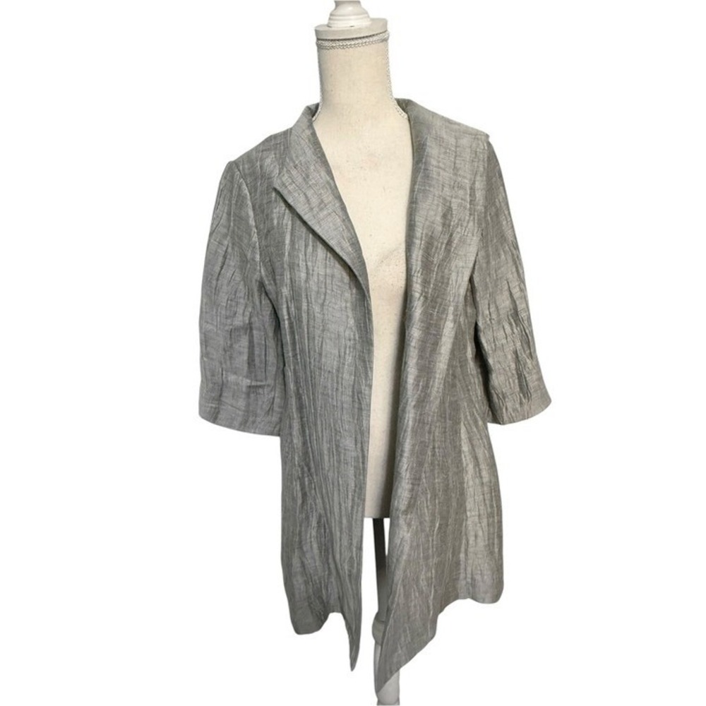 Eileen Fisher Silver Crinkle Linen Open Front Duster‎ Jacket S Metallic Grey